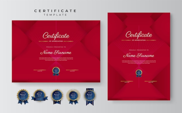 Certificaat van waardering sjabloon gouden en rode kleur Schoon modern certificaat met gouden badge Certificaatrandsjabloon met luxe en modern lijnpatroon Diploma vectorsjabloon