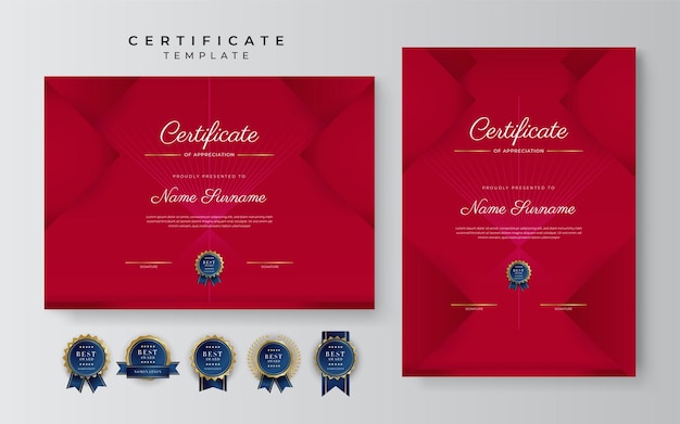 Certificaat van waardering sjabloon gouden en rode kleur schoon modern certificaat met gouden badge certificaatrandsjabloon met luxe en modern lijnpatroon diploma vectorsjabloon