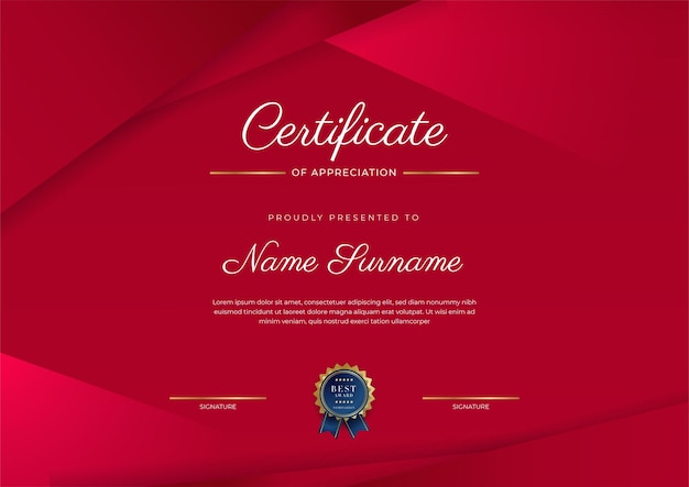 Certificaat van waardering sjabloon gouden en rode kleur schoon modern certificaat met gouden badge certificaatrandsjabloon met luxe en modern lijnpatroon diploma vectorsjabloon