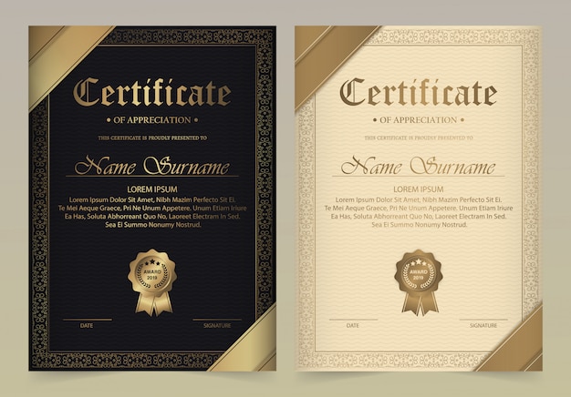 Certificaat van waardering sjabloon met vintage gouden rand