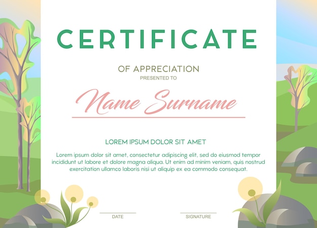 Vector certificaatsjabloon met een frame met een zomerlandschap bomen en bloemen ontwerp een advertentiediploma