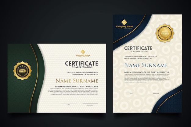 Certificaatsjabloon met elegant hoekframe en luxe realistisch structuurpatroon, diploma en premium badgesontwerp. vector illustratie