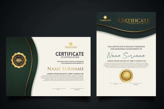 Certificaatsjabloon met elegant hoekframe en luxe realistisch structuurpatroon, diploma en premium badgesontwerp. vector illustratie