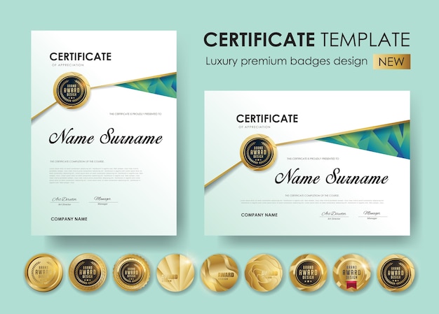 Certificaatsjabloon met luxe en premium badges-ontwerp