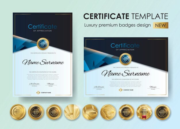 Certificaatsjabloon met luxe en premium badges-ontwerp