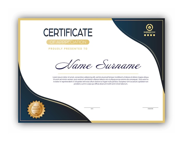 Certificaatsjabloon van het formulier met de toekenningsbadge Modern ontwerp om opleiding te bevestigen