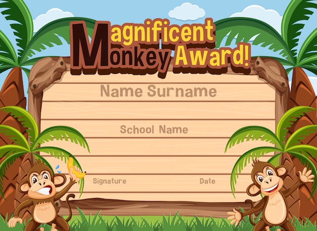 Certificaatsjabloon voor prachtige award met apen op de achtergrond