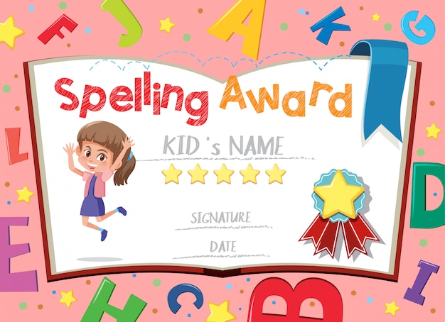 Certificaatsjabloon voor spelling award met engelse alfabetten