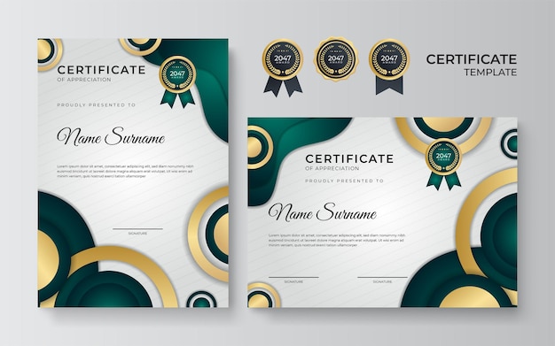 Certificate of achievement border design templates with elements of luxury gold badges, green shapes, and modern line patterns. vector graphic print layout can use for award, appreciation, education