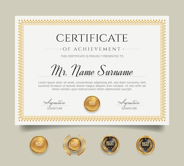 Certificate of achievement frame template with golden badges