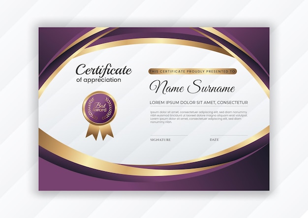 Certificate of achievement template design with gold color