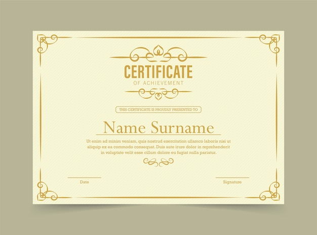 Certificate of achievement template in   with applied Thai line in yellow gold tone