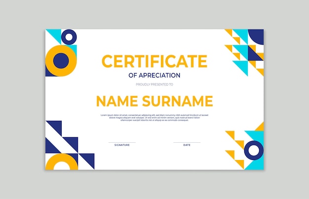 Certificate of achievement template with geometric shape mosaic background for appreciation business and education needs