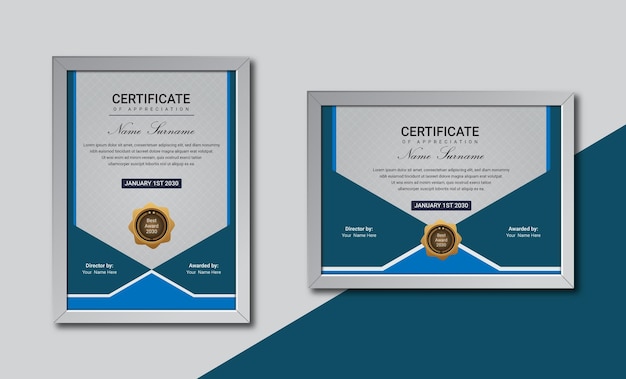 Modello di certificato di realizzazione con badge e cornice di lusso