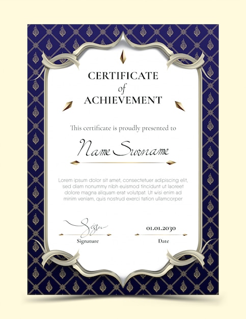 Certificate of achievement template with traditional blue Thai pattern border 