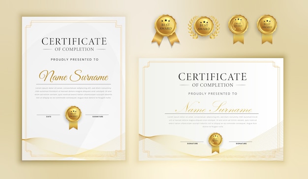 Vector certificate of appreciation completion gold wavy line art border template