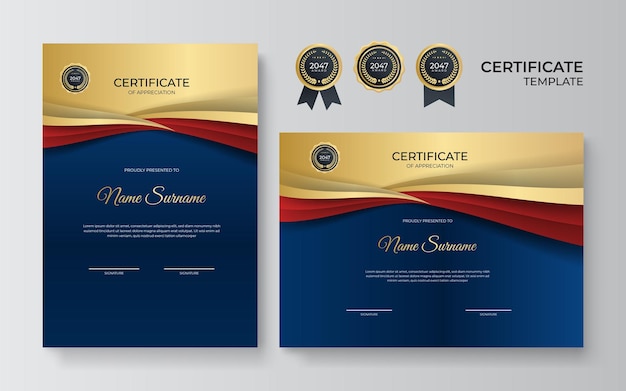 Сертификат признательности дизайн шаблона синего, красного и золотого цвета. Роскошный макет бизнес-диплома для окончания обучения или завершения курса. Векторная иллюстрация фона