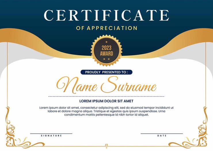 A certificate of appreciation is shown in a blue and gold frame.