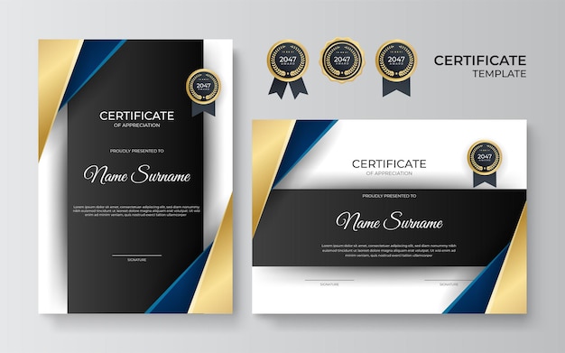 Vettore certificato di modello di apprezzamento, colore oro, nero e blu. certificato moderno pulito con distintivo d'oro. modello di bordo del certificato con motivo di linea di lusso e moderno. modello di vettore del diploma