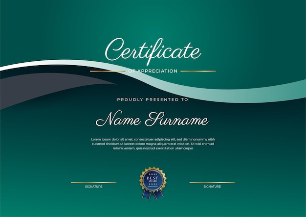 Certificate of appreciation template gold and black green color Clean modern certificate with gold badge Certificate border template with luxury and modern line pattern Diploma vector template