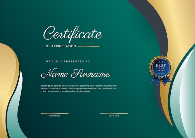 Certificate of appreciation template gold and black green color Clean modern certificate with gold badge Certificate border template with luxury and modern line pattern Diploma vector template