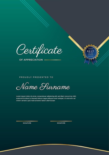 Modello di certificato di apprezzamento colore oro e nero verde certificato moderno e pulito con badge dorato modello di confine del certificato con motivo a linee moderne e di lusso modello vettoriale di diploma