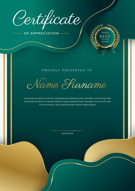 Certificate of appreciation template gold and black green color Clean modern certificate with gold badge Certificate border template with luxury and modern line pattern Diploma vector template