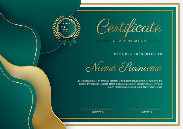 Certificate of appreciation template gold and black green color Clean modern certificate with gold badge Certificate border template with luxury and modern line pattern Diploma vector template