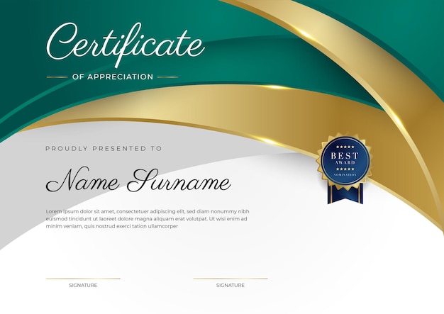 Certificate of appreciation template gold and black green color Clean modern certificate with gold badge Certificate border template with luxury and modern line pattern Diploma vector template