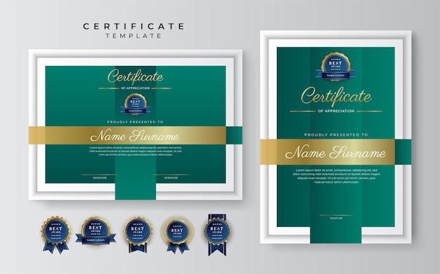 Modello di certificato di apprezzamento colore oro e nero verde certificato moderno e pulito con badge dorato modello di confine del certificato con motivo a linee moderne e di lusso modello vettoriale di diploma
