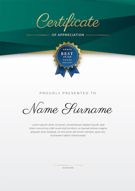 Certificate of appreciation template gold and black green color Clean modern certificate with gold badge Certificate border template with luxury and modern line pattern Diploma vector template