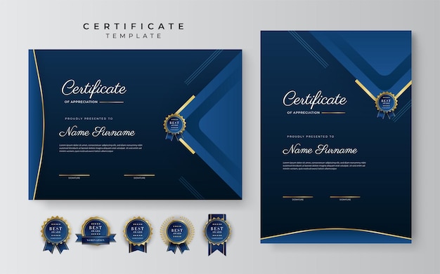 Certificate of appreciation template gold and blue color Clean modern certificate with gold badge Certificate border template with luxury and modern line pattern Diploma vector template