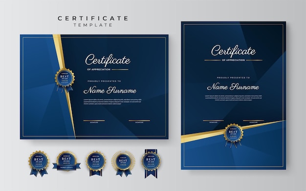 Certificate of appreciation template gold and blue color Clean modern certificate with gold badge Certificate border template with luxury and modern line pattern Diploma vector template