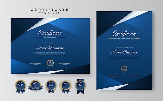 Certificate of appreciation template gold and blue color Clean modern certificate with gold badge Certificate border template with luxury and modern line pattern Diploma vector template