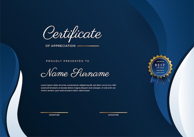 Certificate of appreciation template gold and blue color Clean modern certificate with gold badge Certificate border template with luxury and modern line pattern Diploma vector template