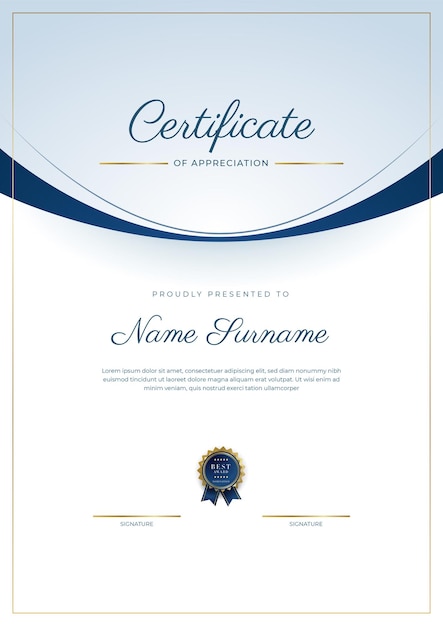 Vector certificate of appreciation template gold and blue color clean modern certificate with gold badge certificate border template with luxury and modern line pattern diploma vector template