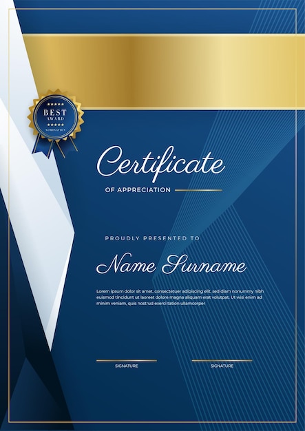 Certificate of appreciation template gold and blue color Clean modern certificate with gold badge Certificate border template with luxury and modern line pattern Diploma vector template