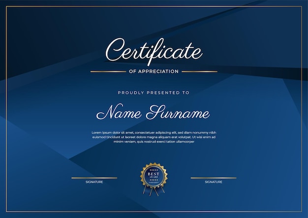 Certificate of appreciation template gold and blue color Clean modern certificate with gold badge Certificate border template with luxury and modern line pattern Diploma vector template