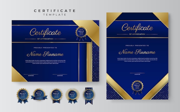 Certificate of appreciation template gold and blue color clean modern certificate with gold badge certificate border template with luxury and modern line pattern diploma vector template