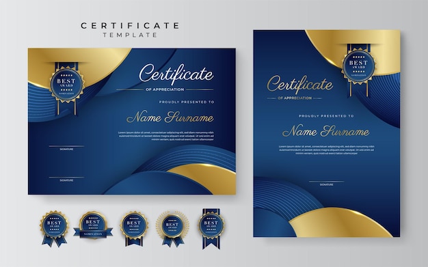 Certificate of appreciation template gold and blue color Clean modern certificate with gold badge Certificate border template with luxury and modern line pattern Diploma vector template