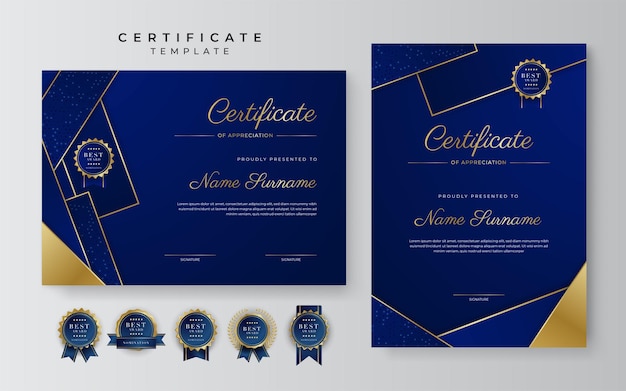 Modello di certificato di apprezzamento colore oro e blu certificato moderno e pulito con badge dorato modello di confine del certificato con motivo a linee moderne e di lusso modello vettore diploma