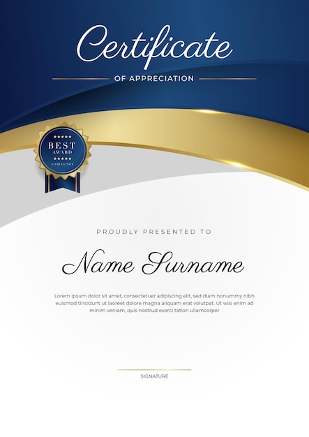 Certificate of appreciation template gold and blue color Clean modern certificate with gold badge Certificate border template with luxury and modern line pattern Diploma vector template