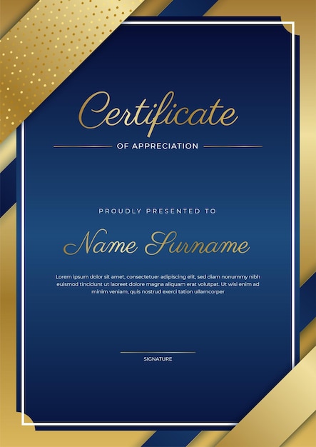 Modello di certificato di apprezzamento colore oro e blu certificato moderno e pulito con badge dorato modello di confine del certificato con motivo a linee moderne e di lusso modello vettore diploma