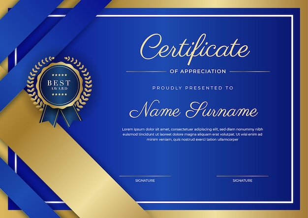 Certificate of appreciation template gold and blue color Clean modern certificate with gold badge Certificate border template with luxury and modern line pattern Diploma vector template