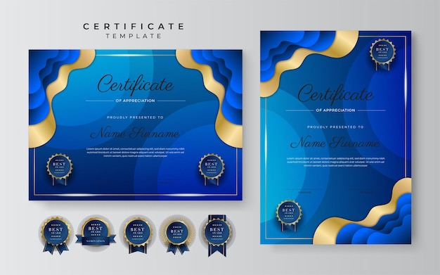 Modello di certificato di apprezzamento colore oro e blu certificato moderno e pulito con badge dorato modello di confine del certificato con motivo a linee moderne e di lusso modello vettore diploma