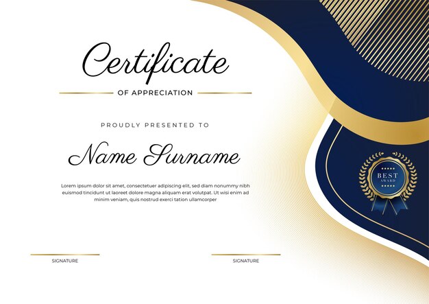 Certificate of appreciation template gold and blue color Clean modern certificate with gold badge Certificate border template with luxury and modern line pattern Diploma vector template