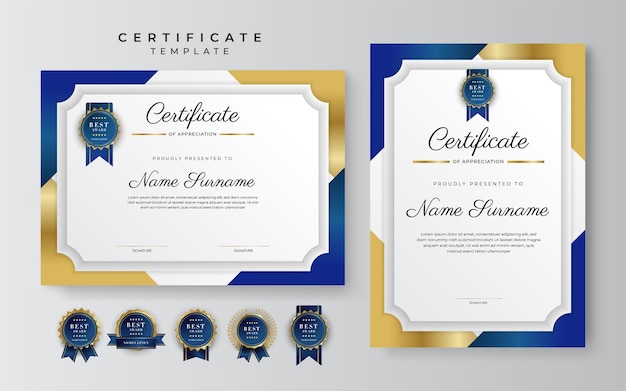 Modello di certificato di apprezzamento colore oro e blu certificato moderno e pulito con badge dorato modello di confine del certificato con motivo a linee moderne e di lusso modello vettore diploma