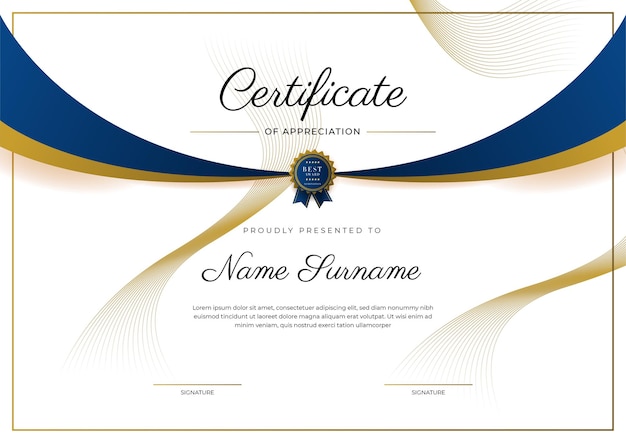 Certificate of appreciation template gold and blue color Clean modern certificate with gold badge Certificate border template with luxury and modern line pattern Diploma vector template