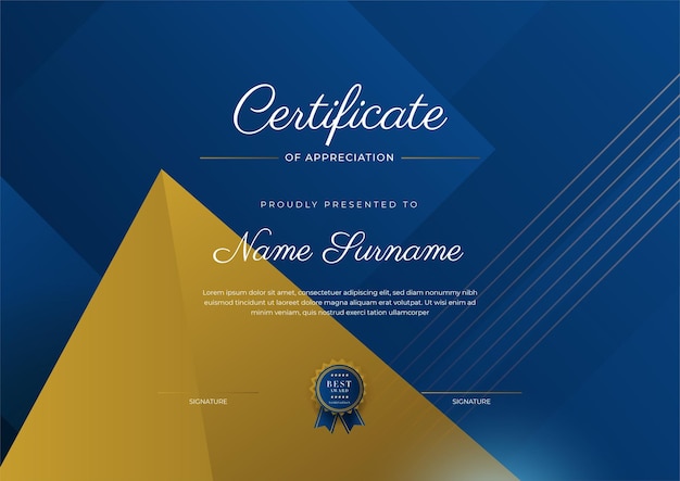 Modello di certificato di apprezzamento colore oro e blu certificato moderno e pulito con badge dorato modello di confine del certificato con motivo a linee moderne e di lusso modello vettore diploma