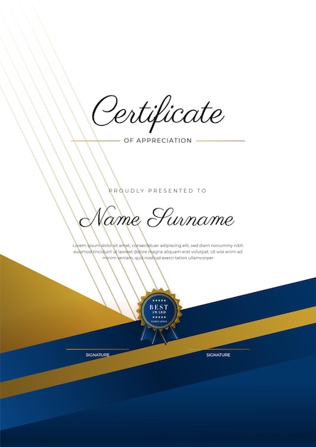 Certificate of appreciation template gold and blue color Clean modern certificate with gold badge Certificate border template with luxury and modern line pattern Diploma vector template